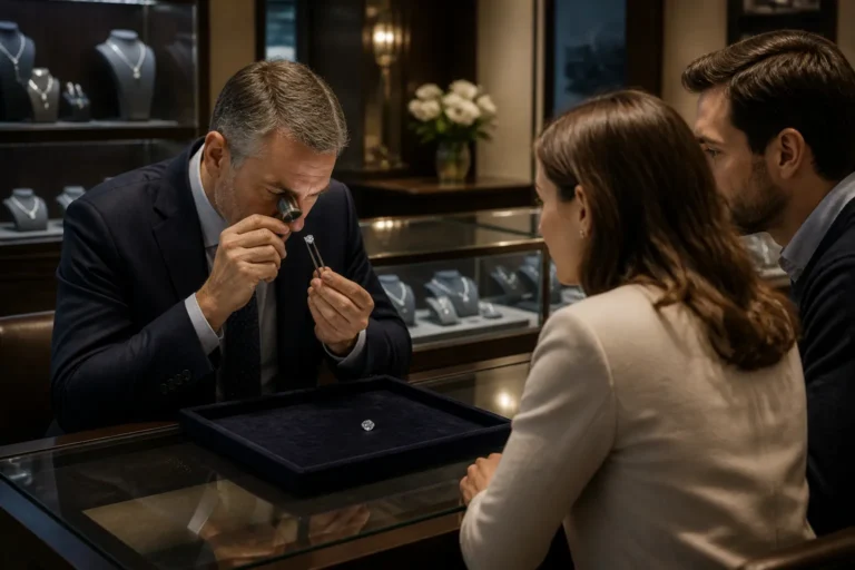 diamantexpert onderzoekt losse diamant met loupe boven donker fluwelen dienblad terwijl stel meekijkt in juwelierszaak