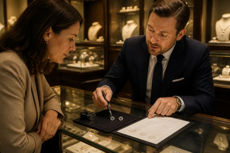 klant en juwelier vergelijken losse diamant met certificaat op toonbank met diamantenloep