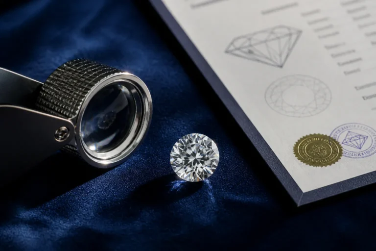 diamant en juweliersloep naast officieel diamantcertificaat op donkerblauwe stof