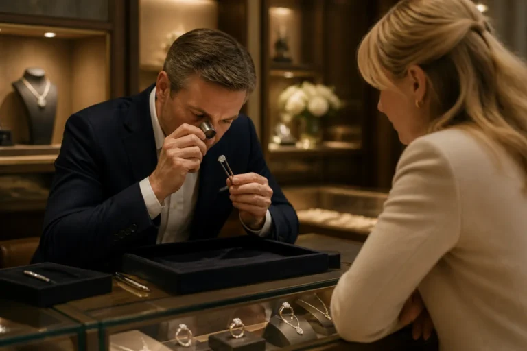 diamantexpert bekijkt met loupe een losse diamant boven donker fluwelen dienblad terwijl klant toekijkt