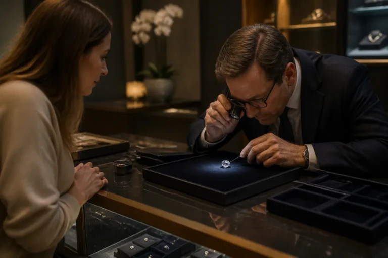 diamantexpert bekijkt met loupe een losse diamant op donker fluwelen dienblad terwijl klant meekijkt