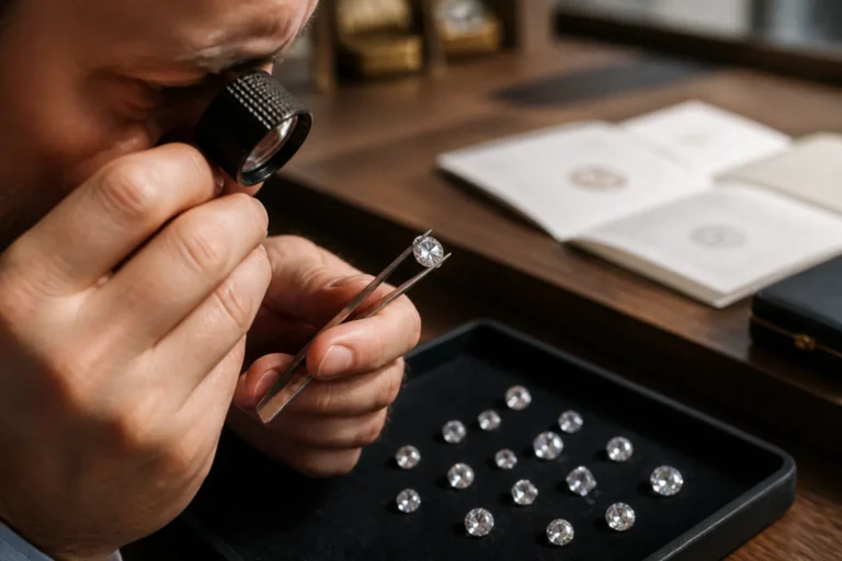 diamantexpert bekijkt met een loupe een losse diamant boven een donker fluwelen dienblad met andere stenen