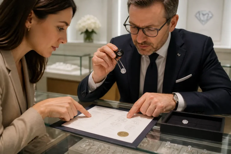juwelier en klant bekijken een losse diamant met loep naast een certificaat aan een toonbank