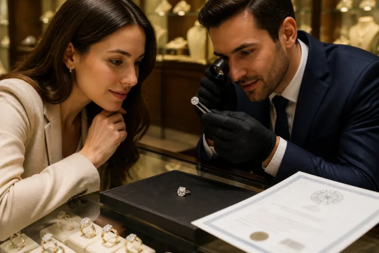 juwelier en klant bekijken losse diamant met loep naast zichtbaar certificaat in winkel