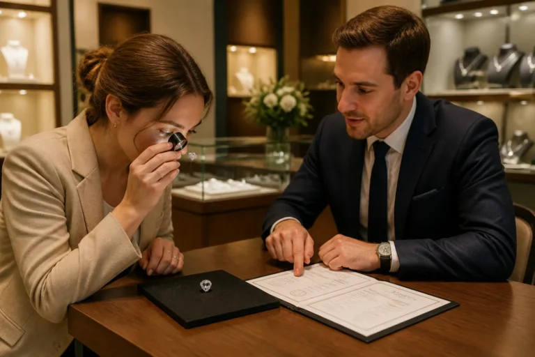 juwelier legt diamantcertificaat uit aan klant naast loep en losse diamant op toonbank