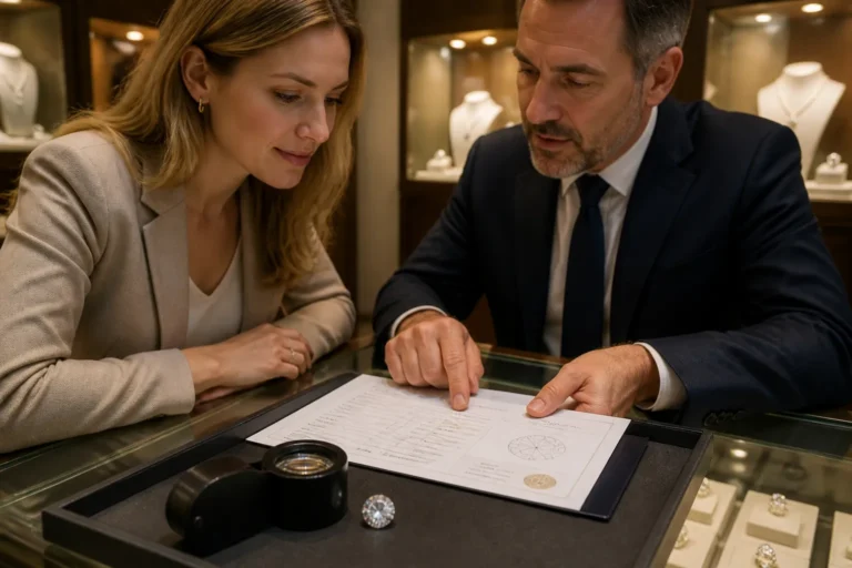 juwelier en klant aan balie met diamantenloep naast losse diamant en certificaat