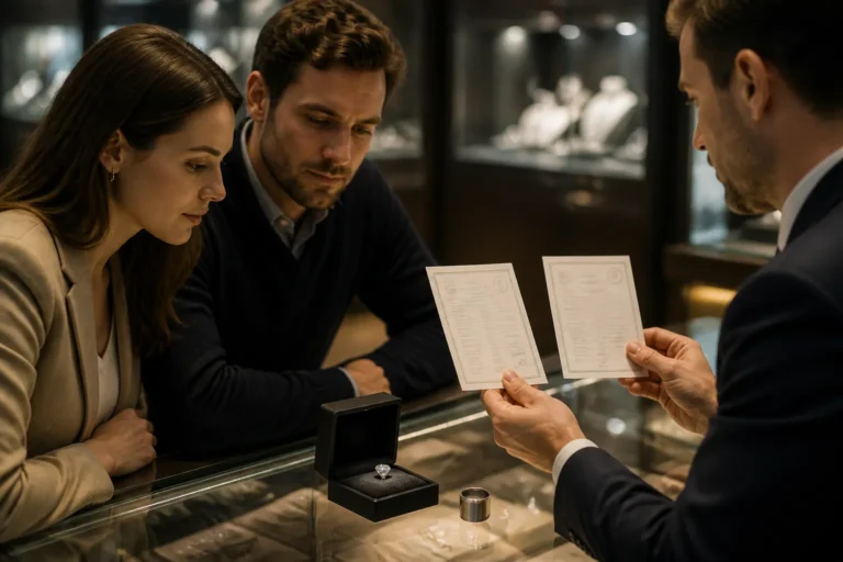 koppel en juwelier vergelijken losse diamant in zwarte doos met diamantloep en certificaten op toonbank