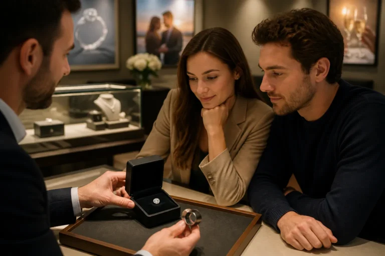 juwelier toont zwarte juwelendoos met losse diamant en diamantloep aan koppel in boetiek