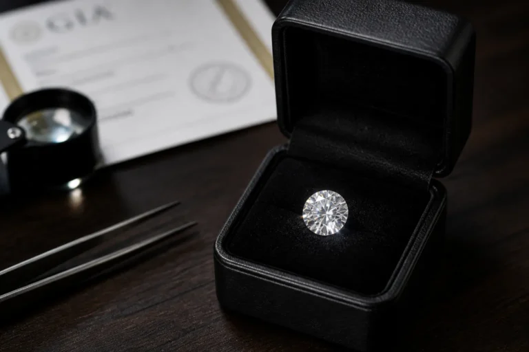 losse ronde diamant in zwarte juwelendoos met loep, pincet en certificaat op houten tafel
