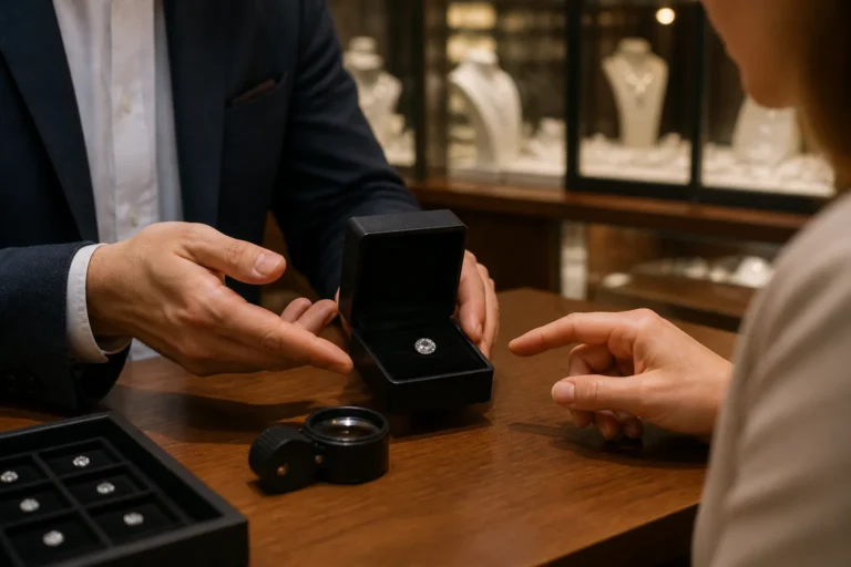 juwelier en klant bekijken een losse diamant in zwarte juwelendoos met diamantloep op toonbank