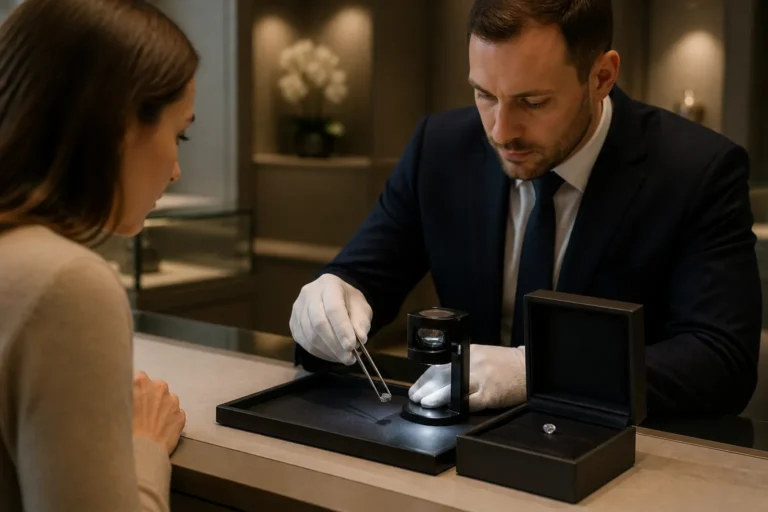 juwelier toont een losse diamant in zwarte juwelendoos naast een diamantloep aan een klant in een rustige winkel