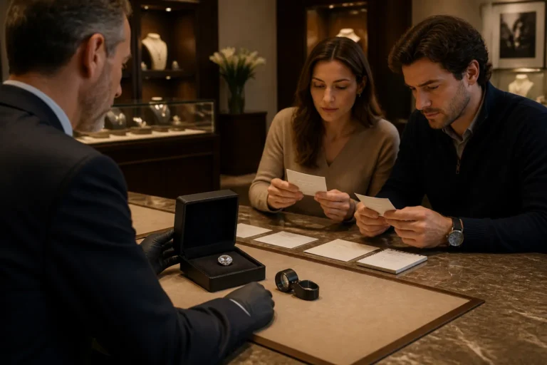 juwelier toont zwarte doos met losse diamant en diamantloep aan twee klanten in een boetiek