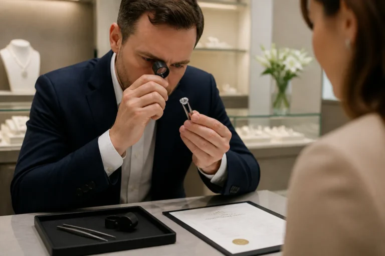 juwelier onderzoekt een losse diamant met een loep naast een certificaat terwijl klant meekijkt