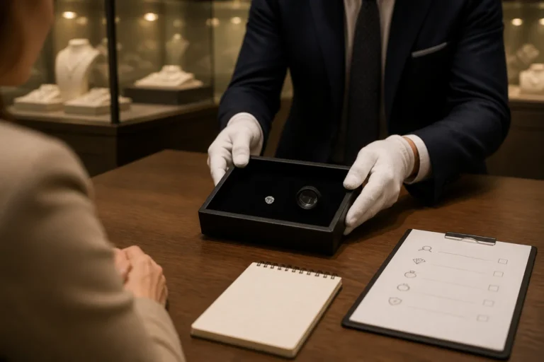 klant en juwelier aan tafel bekijken een losse diamant in zwarte doos naast diamantloep
