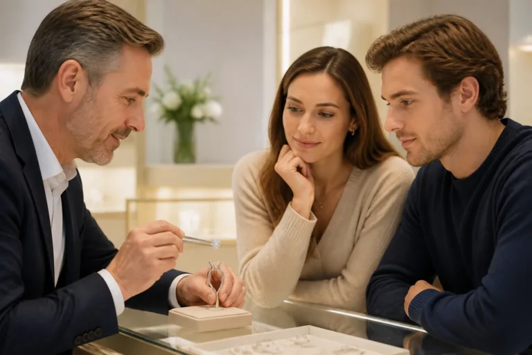 juwelier houdt met pincet een losse diamant boven een lege ringzetting terwijl een stel meekijkt
