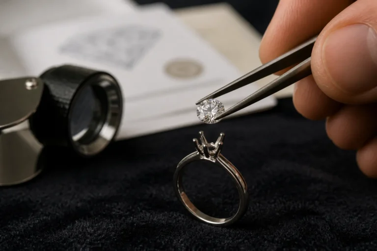 juwelier houdt losse diamant boven een lege witgouden ringzetting met certificaat op de achtergrond