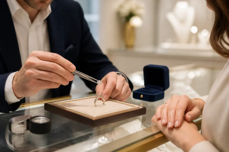 juwelier houdt met een pincet een losse diamant boven een lege ringzetting terwijl klant toekijkt
