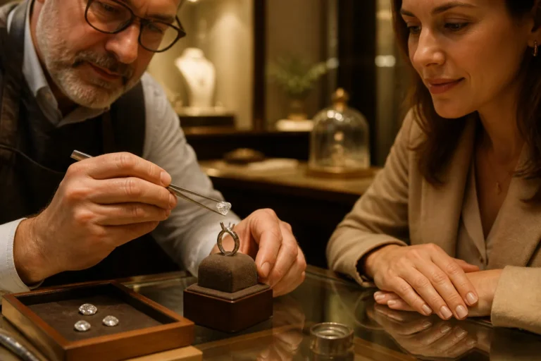 juwelier houdt met een pincet een losse diamant boven een lege ringzetting terwijl klant toekijkt