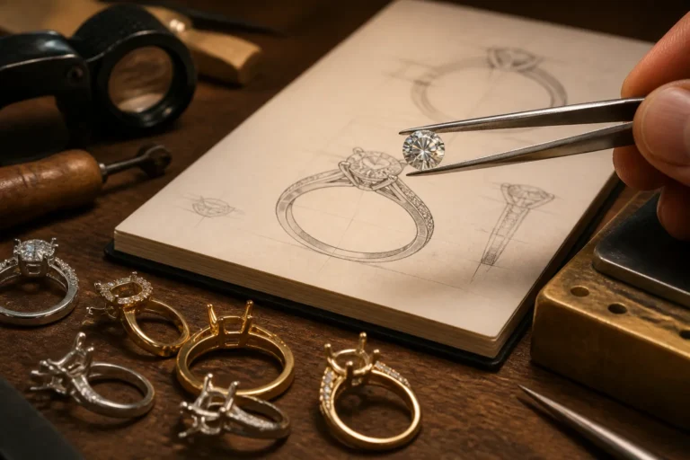 juwelier houdt een losse diamant met een pincet boven verschillende lege ringzettingen op een werkbank