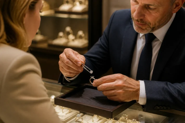 juwelier houdt met pincet een losse diamant boven een lege ringzetting terwijl klant meekijkt aan de toonbank