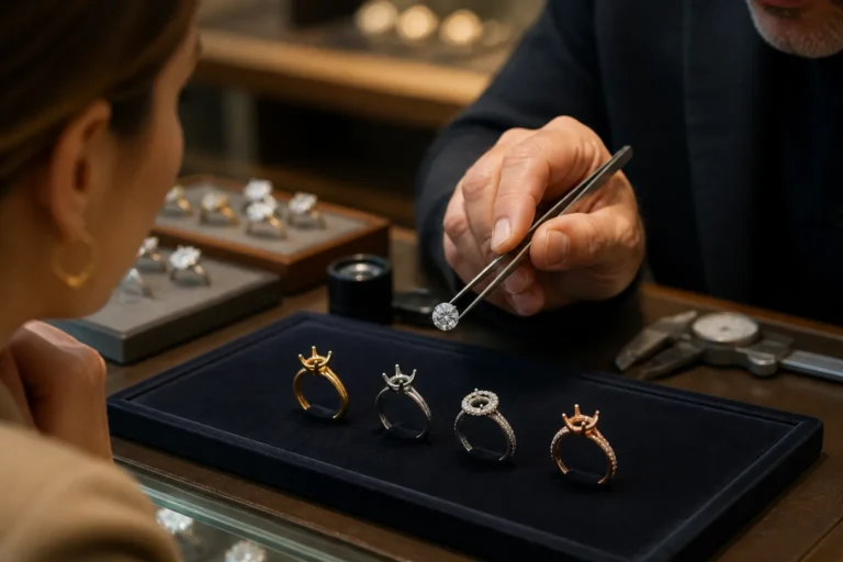 juwelier houdt een losse diamant met pincet boven verschillende lege ringzettingen op de toonbank