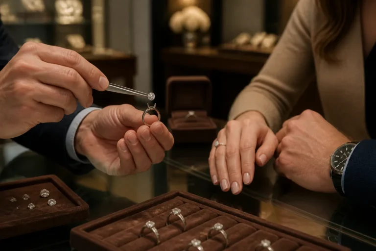 juwelier houdt een losse diamant met pincet boven een lege ringzetting terwijl een stel meekijkt