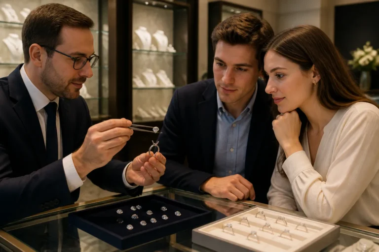juwelier houdt met een pincet een losse diamant boven een lege ringzetting terwijl een stel meekijkt in een juwelierszaak