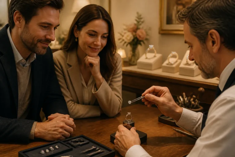 goudsmid houdt een losse diamant met pincet boven lege ringzetting terwijl koppel toekijkt in juwelierszaak