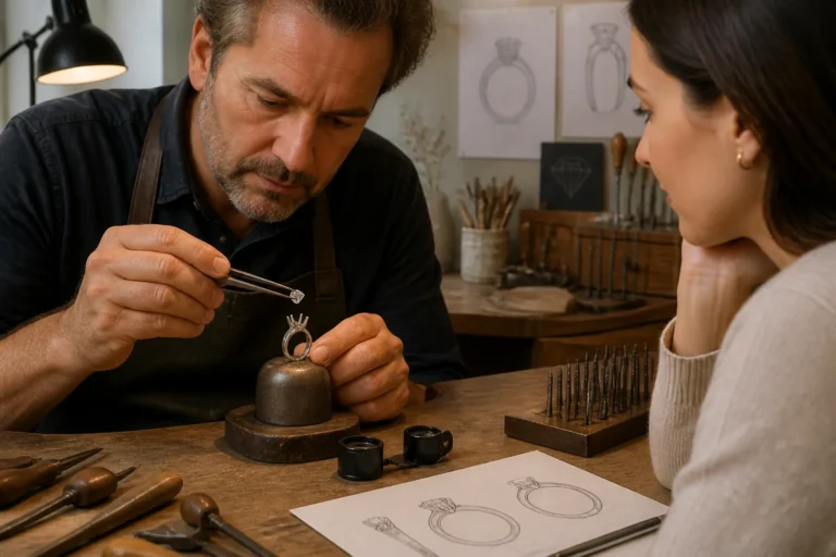 goudsmid houdt met pincet een losse diamant boven een lege ringzetting terwijl klant toekijkt aan werkbank