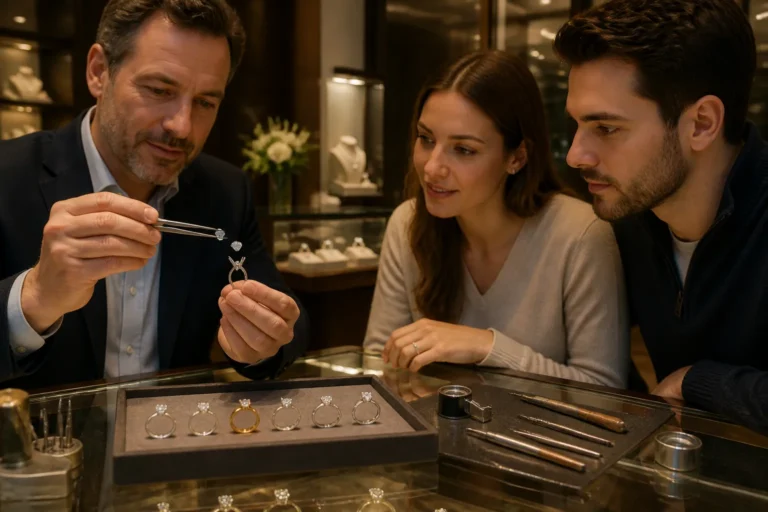 juwelier houdt met pincet een losse diamant boven een lege ringzetting terwijl een stel meekijkt in de winkel