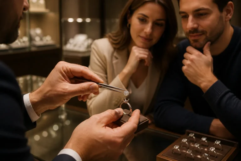 juwelier houdt met een pincet een losse diamant boven een lege ringzetting terwijl een koppel toekijkt