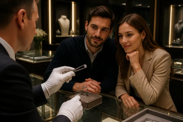 juwelier houdt losse diamant met pincet boven lege ringzetting terwijl stel toekijkt in zaak